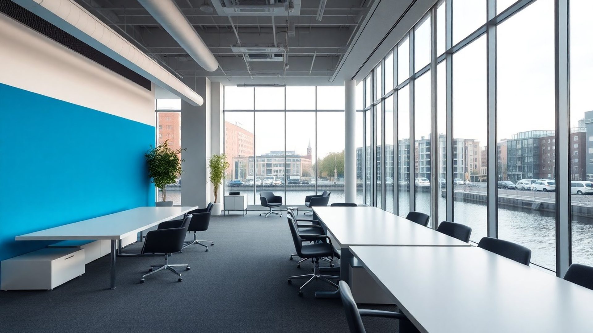 Modern kantoorinterieur van Smit Werkplaats in Tilburg met azure-blauwe accenten