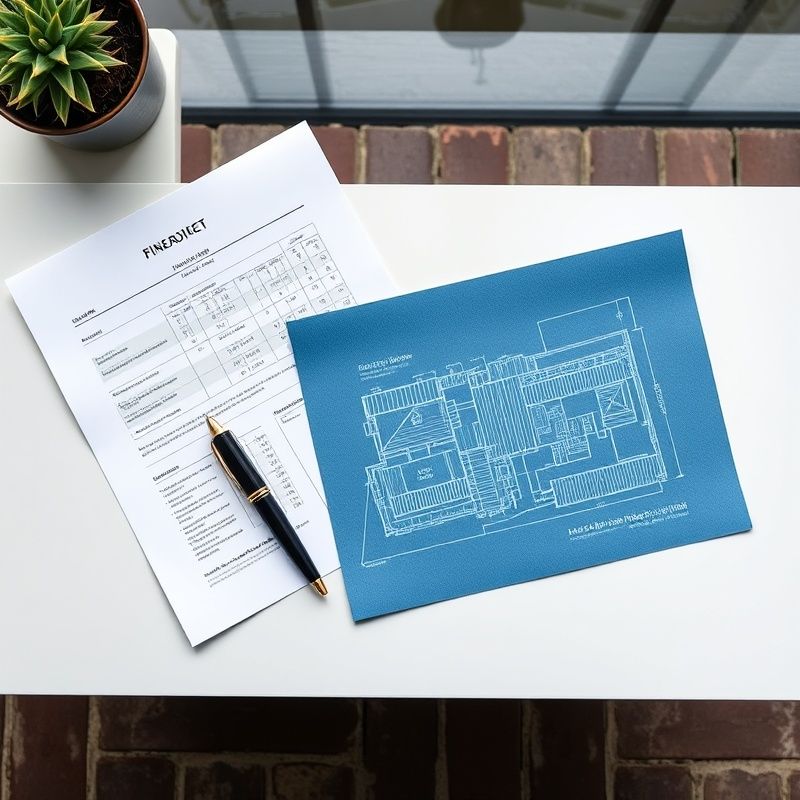 Gestructureerde financiële documenten en een architectonisch blauwdrukdiagram op een mat wit oppervlak