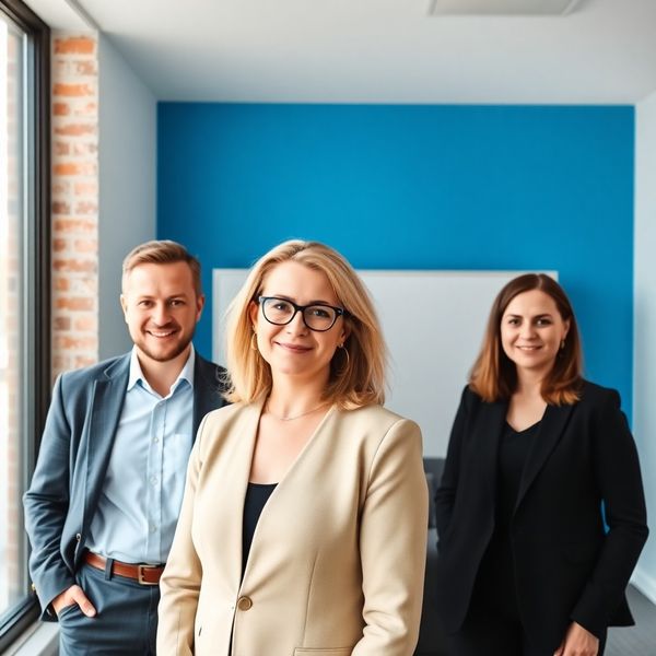 Adviesteam van Smit Werkplaats in het Tilburgse kantoor met azure-blauwe accentmuur